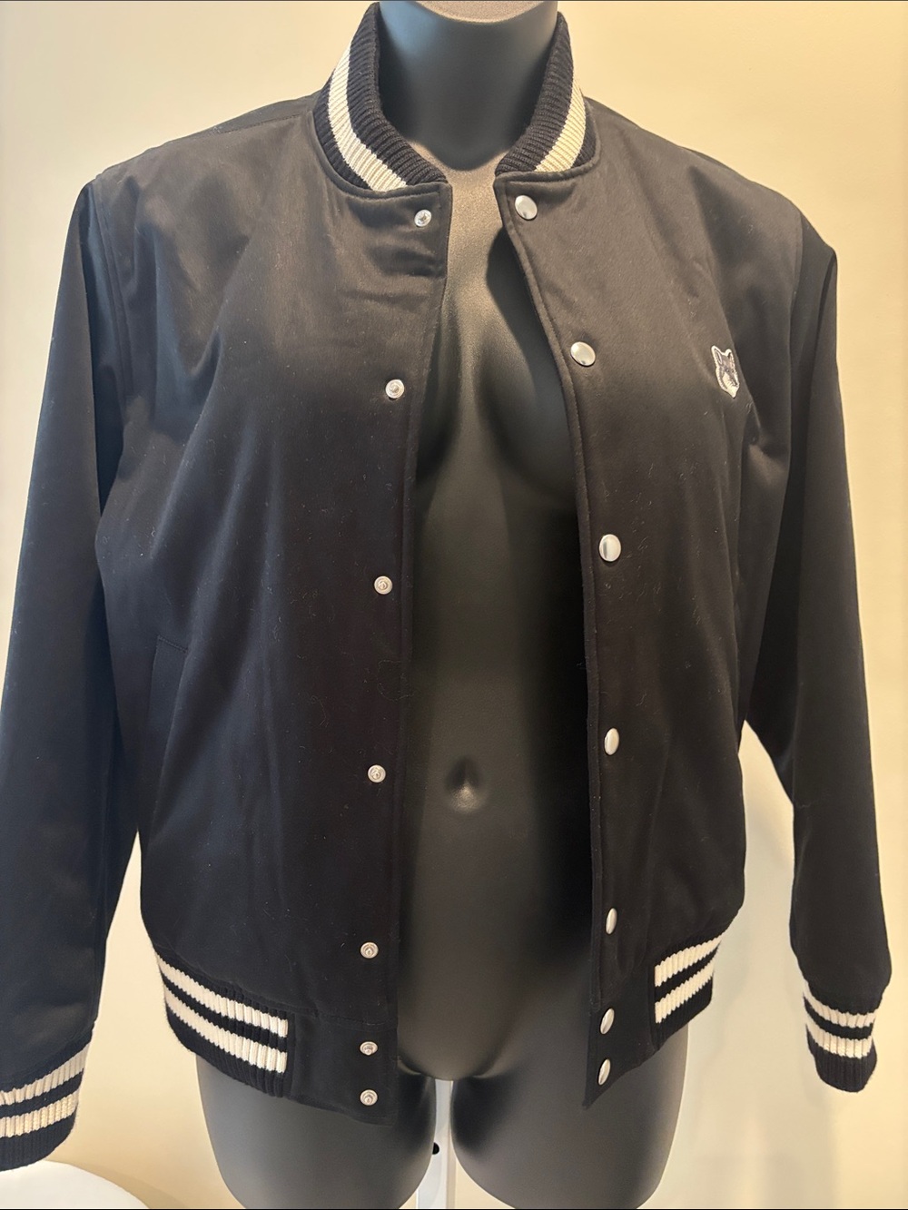 New!! MAISON KITSUNE Black Teddy Blouson Bomber Jacket with White Stripe Trim